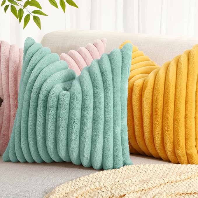 decorUhome Summer Cozy Faux Fur Throw Pillow Covers 22x22 Set of 2 Decorative Soft Plush Striped Modern Farmhouse Boho Couch Euro Sham Pillow Cases with Velvet Back for Sofa Bed Living Room, Aqua