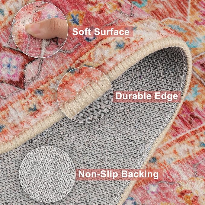 Yamaziot Washable Area Rug, 2x3 Small Entryway Rug Non-Slip Boho Vintage Rug with Rubber Backing, Low Pile Faux Wool Distressed Floor Carpet for Indoor Door Mat, Kitchen, Laundry (Pink)
