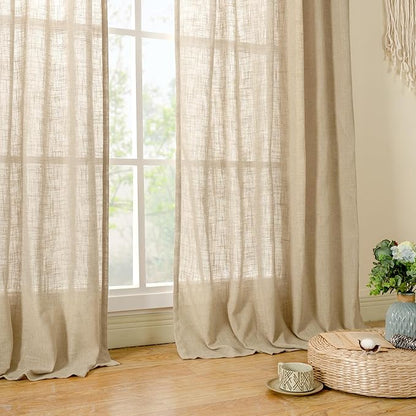 LAMIT Brown Linen Curtains for Bedroom, 72 Inch Length Light Filtering Semi Sheer Panels Back Tab and Rod Pocket Neutral Drapes for Living Room, 2 Panels, 34 x 72 Inch