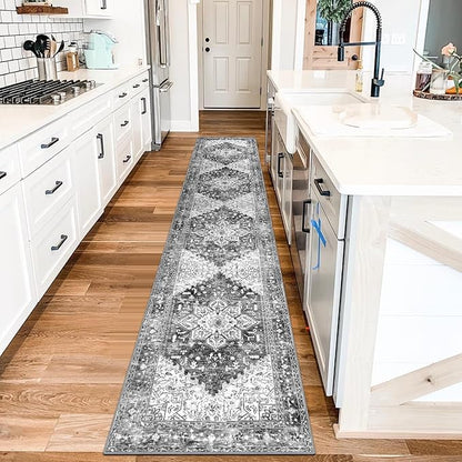 Yamaziot Washable Runner Rug, 2x10 Non-Slip Boho Vintage Hallway Rug Runner with Rubber Backing, Stain Resistant & Distressed Carpet Runner for Bedroom, Kitchen, Laundry, Entrance