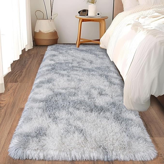 Ultra Soft Runner Rugs for Bedroom Hallways with Upgraded Non-Slip Rubber Backing & Thick Memory Sponge, 2x5 Feet Fluffy Shag Throw Area Rug for Bedside Dorm Tie-dye Light Grey