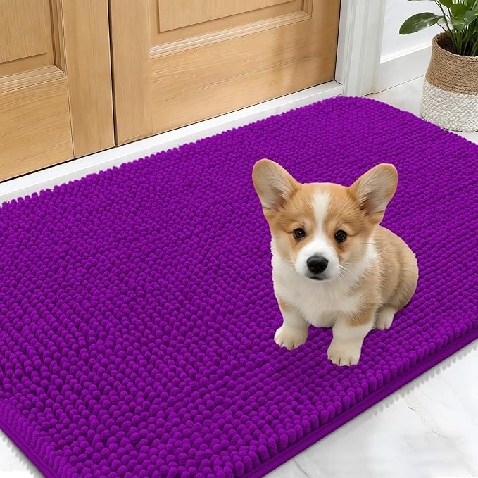 OLANLY Dog Door Mat for Muddy Paws 30x17, Absorbs Moisture and Dirt, Absorbent Non-Slip Washable Doormat, Quick Dry Chenille Mud Mat for Dogs, Entry Indoor Entryway Carpet for Inside Floor, Purple