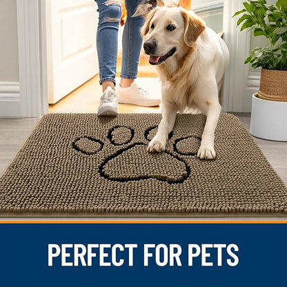 OLANLY Dog Door Mat for Muddy Paws 70x24, Paw Print Design, Absorbs Moisture and Dirt, Absorbent Non-Slip Washable Doormat, Quick Dry Chenille Mud Mat for Dogs, Entry Indoor Entryway Carpet, Tan