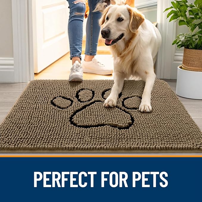 OLANLY Dog Door Mat for Muddy Paws 24x16, Paw Print Design, Absorbs Moisture and Dirt, Absorbent Non-Slip Washable Doormat, Quick Dry Chenille Mud Mat for Dogs, Entry Indoor Entryway Carpet, Tan