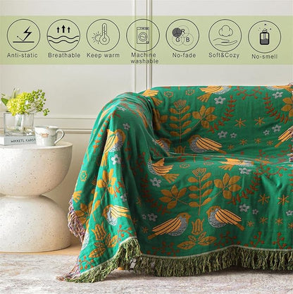 Green Fall Blanket 60''x 80'' Boho Throw Blankets for Couch Bed Chair,100% Cotton Quilts Christmas Warm Soft Blanket Muslin Bed Blankets Farmhouse Decoration