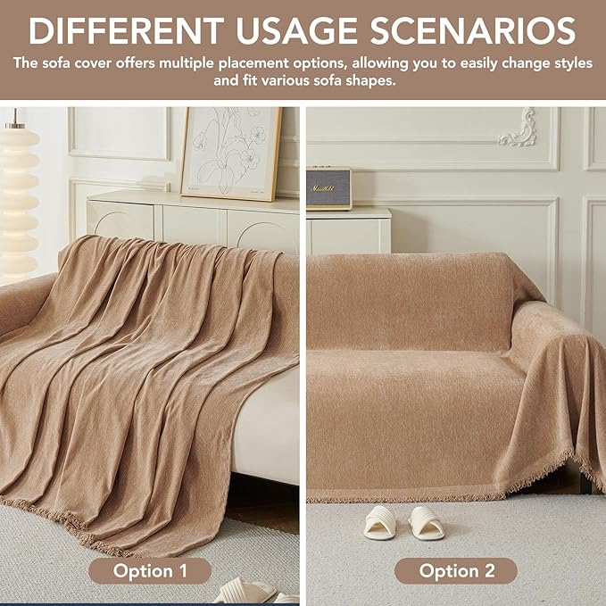 Couch Cover for Dogs, Boho Sofa Covers for 3 Cushion Couch, Chenille Sofa Slipcover for Pets Washable, L-Shape Sectional Couch Cover Soft Throw Blankets with Tassels(91x118,Khaki)