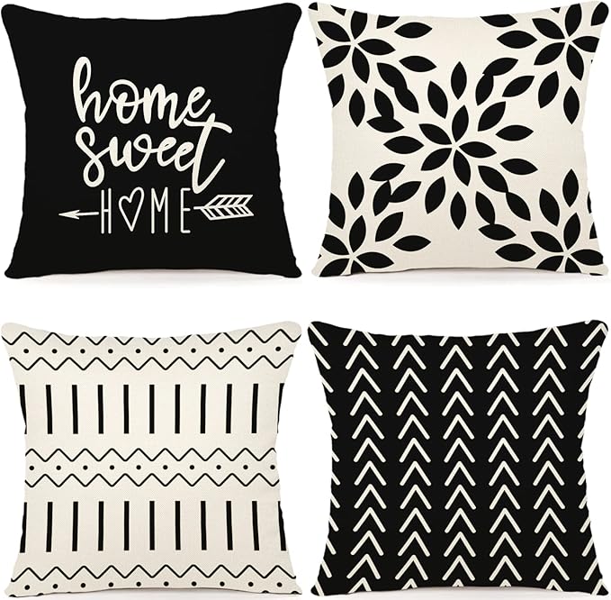 YCOLL Pillow Covers 18x18 Set of 4, Modern Sofa Throw Pillow Cover, Decorative Outdoor Linen Fabric Pillow Case for Couch Bed Car, Black