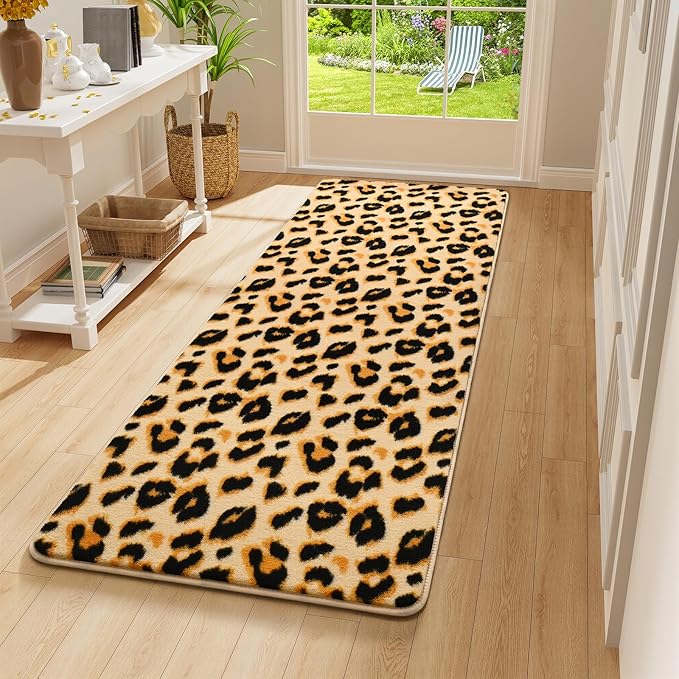 Amearea Soft Leopard Runner Rugs for Hallway, 2x6 Feet Cheetah Print Bedroom Bedside Rugs, Washable Fluffy Indoor Animal Runner Rug Carpet for Entrance Kitchen Kids Teen Room Living Room Decor, Khaki