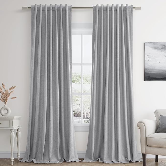 Guken Grey 100% Blackout Curtains 108 Inch Length 2 Panels Set for Living Room Bedroom Back Tab Thermal Insulated Black Out Linen Drapes Room Darkening Window Curtains 52x108
