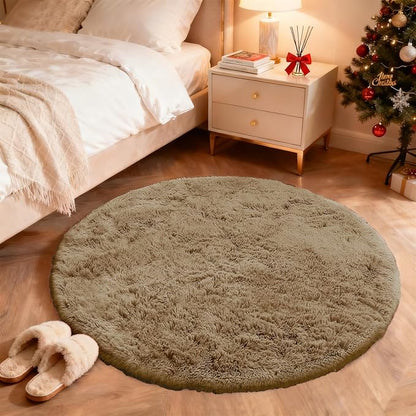 OLANLY Taupe Round Rugs for Bedroom - Machine Washable, 4 ft Circle Area Rugs for Living Room, Soft and Fluffy Shaggy Carpet for Teen Girl and Boys, Nursery Rooms, Dorms, Home Decor Aesthetic