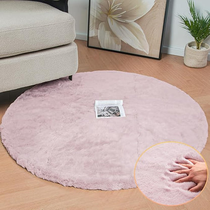 ORINOVA Pink Washable Fluffy Rugs for Bedroom Small Circle Faux Rabbit Shag Fur Area Rugs for Living Room Nursery Round Rug 3ft Rug