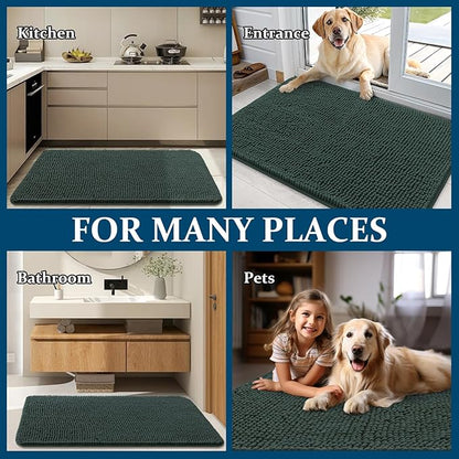 OLANLY Dog Door Mat for Muddy Paws 54x32, Absorbs Moisture and Dirt, Absorbent Non-Slip Washable Doormat, Quick Dry Chenille Mud Mat, Entry Indoor Entryway Carpet for Inside Floor, Blackish Green