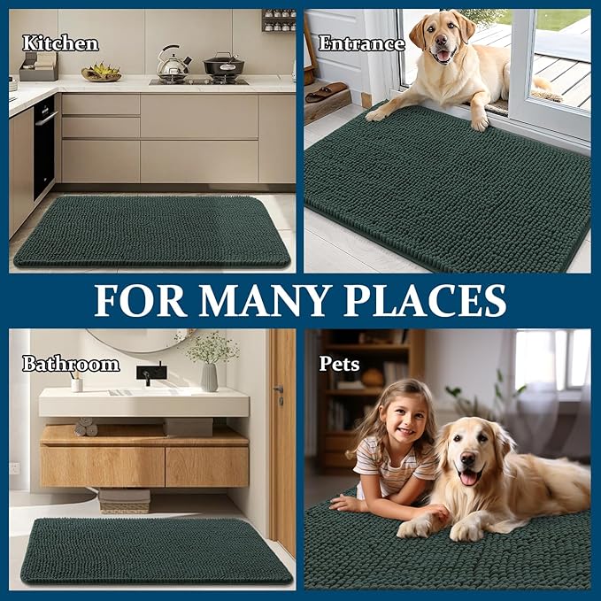 OLANLY Dog Door Mat for Muddy Paws 59x24, Absorbs Moisture and Dirt, Absorbent Non-Slip Washable Doormat, Quick Dry Chenille Mud Mat, Entry Indoor Entryway Carpet for Inside Floor, Blackish Green