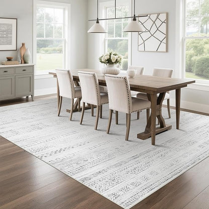 Moroccan Washable Rugs 8x10 Area Rugs for Living Room,Bedroom,Dining Room- Large Ultra Soft Faux Wool Retro Carpet,Non Slip&Non-Shedding Low Pile Vintage Print Rug for Home Office-(Gray-White)