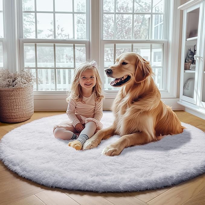 ONASAR White Round Area Rug 4ft, Soft Bedroom Circle Rugs Floor Mat for Kids Girls Boys Teen Room, Fuzzy Plush Shaggy Carpet for Baby Nursery Living Room Playroom Home Decor