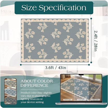 Floral Outdoor Rug - 28" x 43" Front Door Mat Indoor Outside Entrance Non-Slip Washable Outdoor Mat Blue Farmhouse Scalloped Rug for Entryway Kitchen Bedroom Layered Doormat for Front Porch