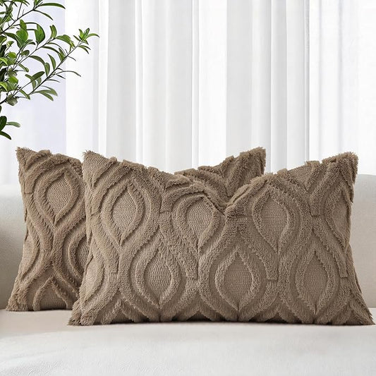 decorUhome Throw Pillow Covers 12x20 Inch Set of 2, Soft Plush Faux Wool Light Brown Solid Couch Pillow Covers, Accent Farmhouse Neutral Rectangle Pillow Cases for Sofa Bed Living Room