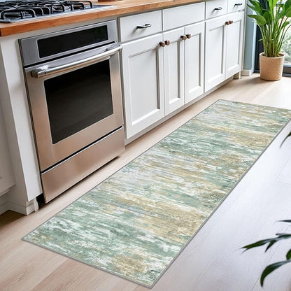 KOZYFLY Modern Abstract Runner Rugs 2x6 Light Green Yellow Machine Washable Area Rug for Bedroom Non-Slip Living Room Rug, Faux Wool Soft Low Pile Office Carpet for Bedroom, Kitchen Bathroom