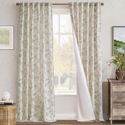 jinchan Floral Curtains Lined Linen Blend Curtain for Living Room 96 Inch Length Sage Green Farmhouse Flower Patterned Curtain French Country Curtains Drapes Back Tab Rod Pocket 2 Panels