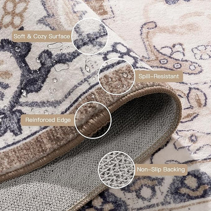 Lofus 4x6 Area Rugs for Living Room, Washable Area Rug, Rugs for Bedroom, Kitchen, Vintage Boho Carpet, Soft Non-Slip, Low Pile Large Area Rug for Office Dining Room, Floral Brown
