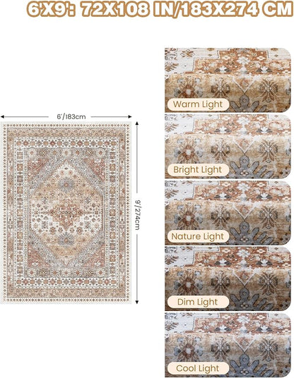 6x9 Area Rugs for Living Room,Soft Low Pile Indoor Washable Rugs for Bedroom, Non-Slip Backing Vintage Large Area Rug, Printed Vintage Floral Carpet(Orange,6'x9')