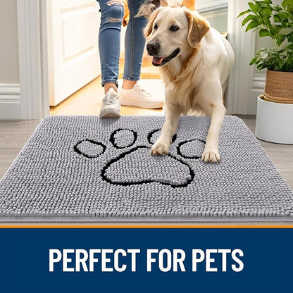 OLANLY Dog Door Mat for Muddy Paws 30x20, Paw Print Design, Absorbs Moisture and Dirt, Non-Slip Washable Doormat, Quick Dry Chenille Mud Mat for Dogs, Entry Indoor Entryway Carpet, Light Grey