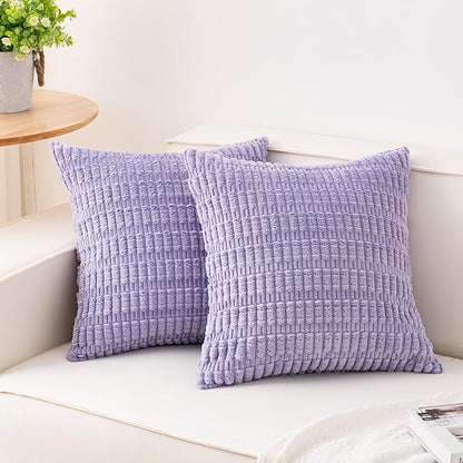 Pack of 2 Corduroy Decorative Throw Pillow Covers 18x18 Inch Soft Striped Pillow Covers Modern Farmhouse Home Decor for Sofa Living Room Couch Bed（Purple）