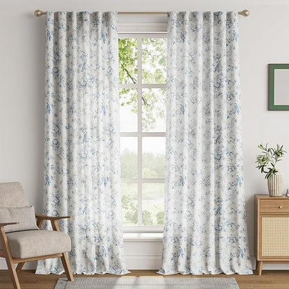 jinchan Linen Floral Curtains for Living Room 96 Inch Length Blue Printed Flower French Country Curtain Farmhouse Cottage Core Toile Curtains Back Tab Light Filtering Window Drapes Set 2 Panels