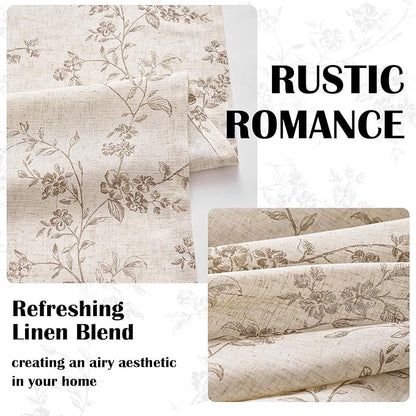 Lazzzy Farmhouse Linen Curtains Extra Long Taupe Floral Curtains 108 Inch Length Back Tab Drapes for Living Room Bedroom Light Filtering Country Vintage Rod Pocket, 2 Panels, Taupe on Beige