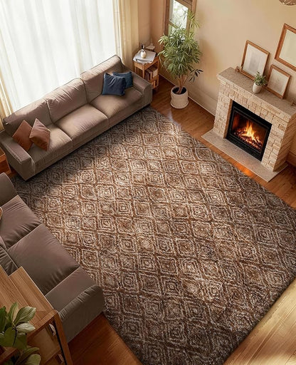 Ophanie Brown and White Diamond Striped Rugs for Living Room 6x9, Fluffy Shag Large Fuzzy Plush Soft Carpets, Shaggy Rugs for Bedroom, Carpet for Kids Boys Girls Dorm Nursery Home Decor Aesthetic