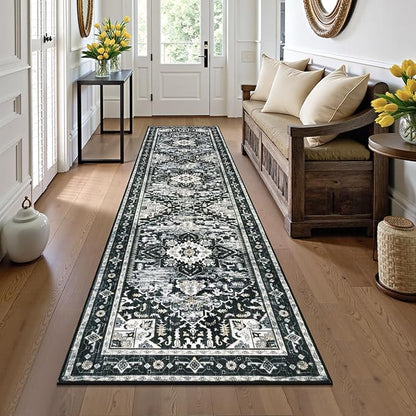 Yamaziot Washable Runner Rug, 2x8 Non-Slip Boho Vintage Hallway Rug Runner with Rubber Backing, Stain Resistant & Low Pile Distressed Carpet Runner for Bedroom, Kitchen, Laundry, Entrance, Black
