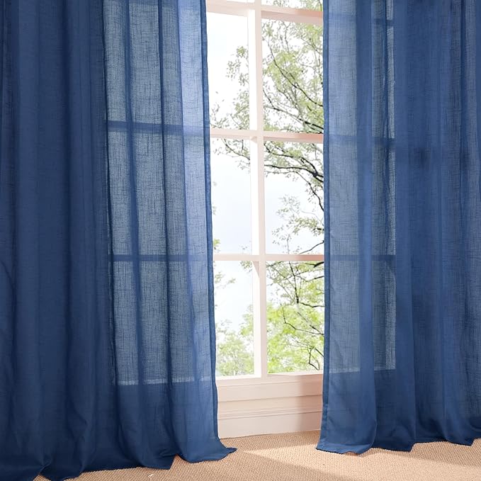 BGment 102 Inch Length Navy Blue Linen Curtains for Living Room, Semi Sheer Window Drapes Extra Long Light Filtering for Bedroom with Rod Pocket Lightweight, 2 Panels Set, Each 52 Inch Wide