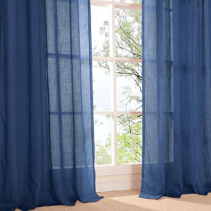 BGment 102 Inch Length Navy Blue Linen Curtains for Living Room, Semi Sheer Window Drapes Extra Long Light Filtering for Bedroom with Rod Pocket Lightweight, 2 Panels Set, Each 52 Inch Wide