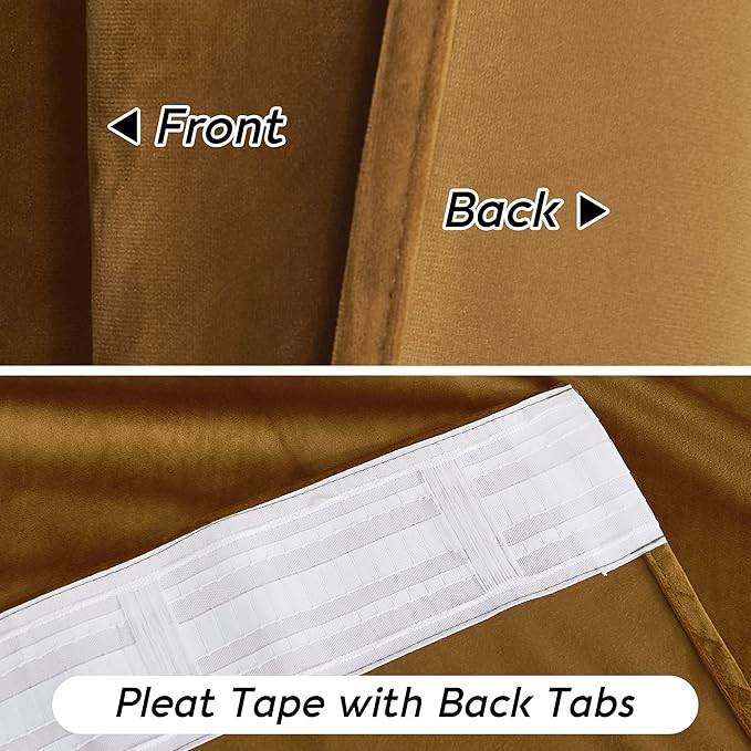 RYB HOME Gold Brown Velvet Curtains 72 inches with Hook Belt, Soft Fabric Room Darkening Thermal Insulated Luxurious Home Decor Curtains for Living Room Bedroom, W 52" x L 72", 2 Panels Set