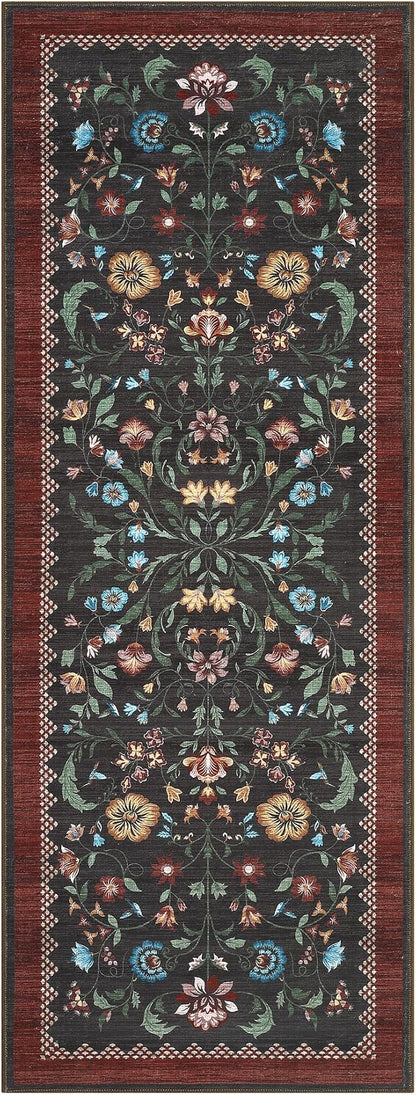GarveeHome Floral Rug 2.5x10 Runners for Hallways, Boho Kitchen Runner Rugs Non Slip Bath Runners, Vintage Washable Runner Rug for Bedroom, Soft Long Rugs for Entryway Bathroom Laundry Dorm, Red