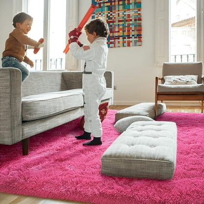 Amearea Shag Fluffy Area Rug for Bedroom Girls Living Room, Extra Soft and Fuzzy Shaggy Rugs, Non Slip, Solid Color Carpet Mat for Boys Nursery Home, Hot Pink 5.3x7.5 Feet