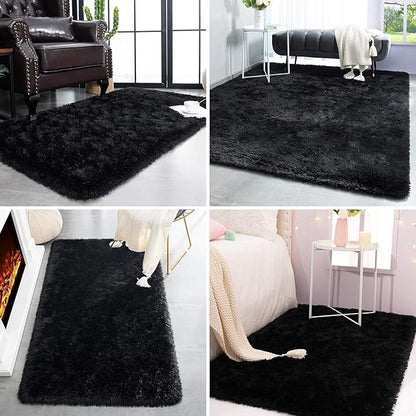 TWINNIS Super Soft Shaggy Rugs Fluffy Carpets,7x10 Feet, Indoor Modern Plush Area Rugs for Living Room Bedroom Kids Room Nursery Home Decor, Upgrade Anti-Skid Rectangular Fuzzy Rug, Black
