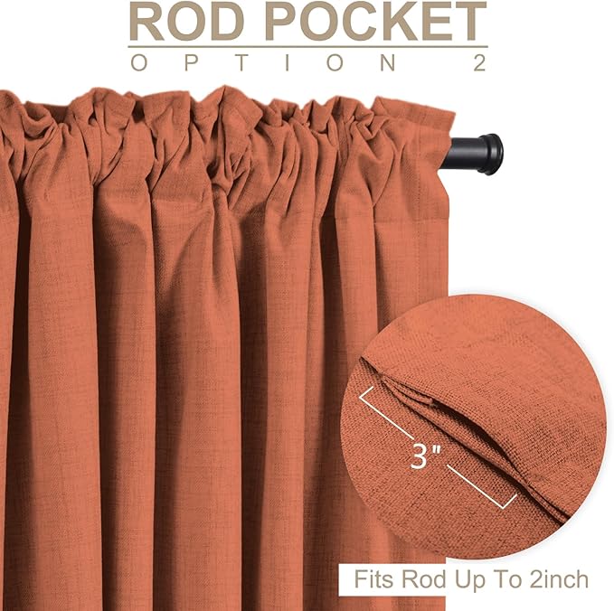 100% Blackout Shield Linen Blackout Curtains for Bedroom 90 Inches Long, Back Tab/Rod Pocket Living Room Drapes, Thermal Insulated Blackout Curtains 2 Panels Set, 50" W x 90" L, Burnt Orange