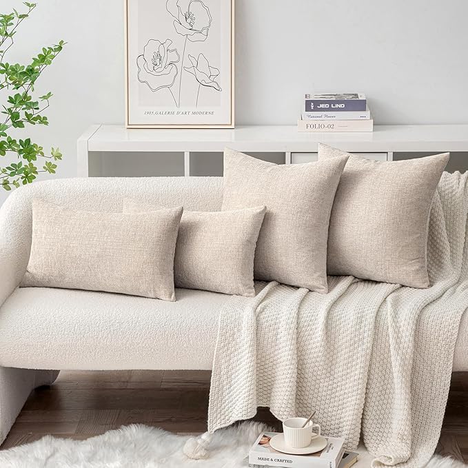 MIULEE Pack of 2 Couch Throw Pillow Covers 18x18 Inch Soft Light Brown Chenille Pillow Covers for Sofa Living Room Solid Dyed Pillow Cases