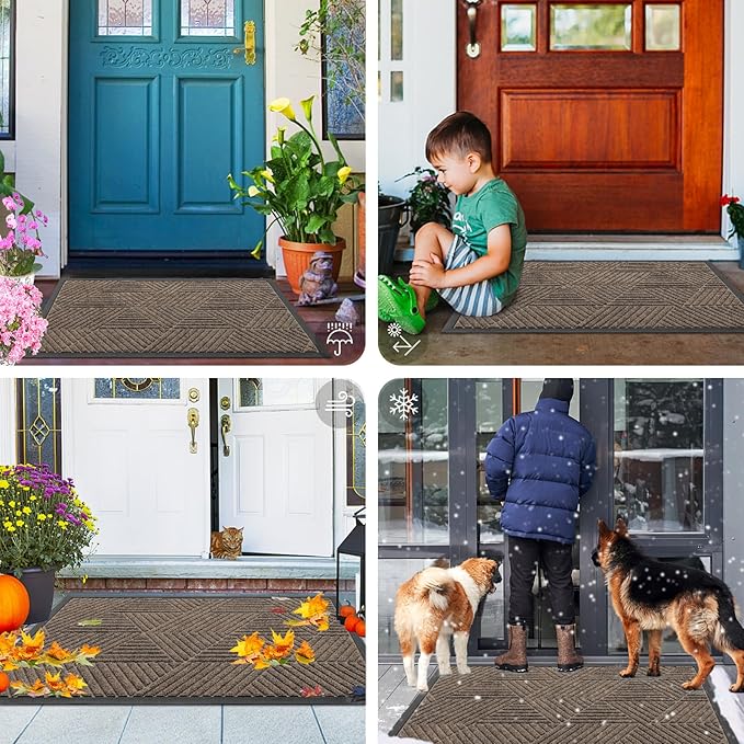 Smiry Front Door Mat Outside Entrance, Heavy Duty Sturdy Natural Rubber Doormat, Trap Dirt and Moisture, Easy Clean Low Profile Mats for Indoor Outdoor Entry, Irregular Triangle (47x32, Mixed Khaki)