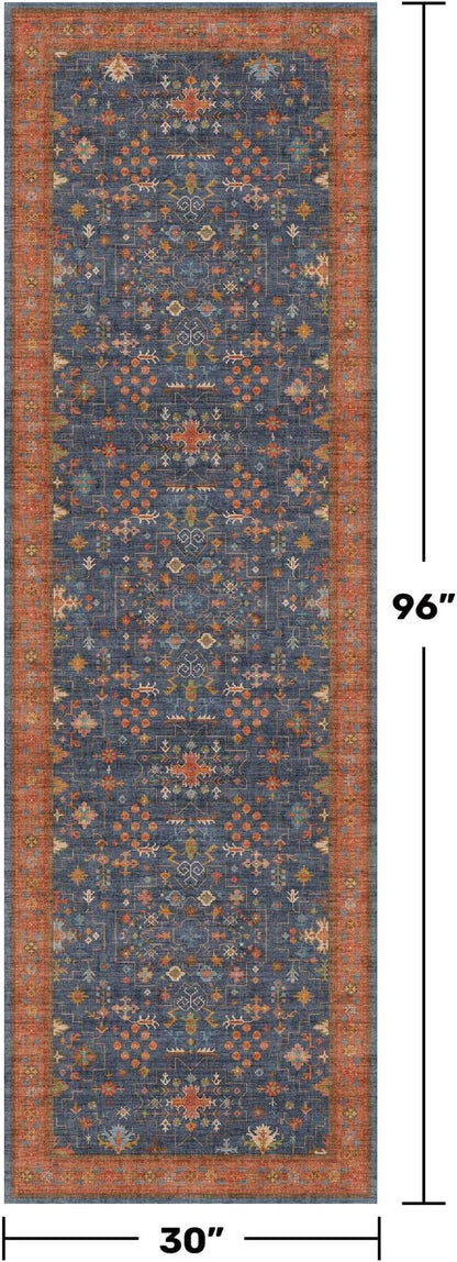 Washable 8 ft Long Runner for Kitchen Floor - Navy Blue Hallway Runner Rug, Pet Friendly Waterproof Non Slip with Rubber Backing, Stain Resistant Laundry Room Rug (2'6"x8' Navy Blue & Terracotta)