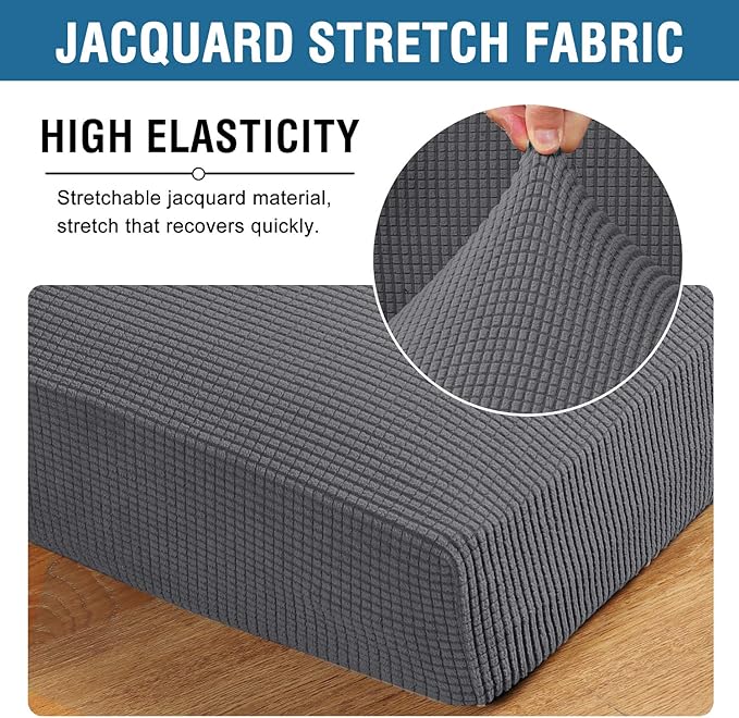 H.VERSAILTEX High Stretch Individual Seat Cushion Covers 3 Pack Thick Jacquard Textured Twill Fabric Sofa Slipcovers for 3 Couch Cushion Washable Couch Cover for Living Room Outdoor Patio,Grey