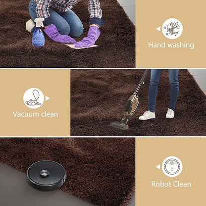 Shag Area Rugs for Bedroom Living Room,8X10 Ultra Soft Fluffy Area Rugs for Dorm, Indoor Carpet Nursery Rugs for Kids Girls Room Home Decor,Brown