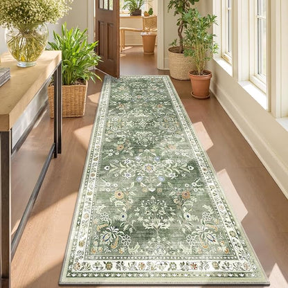 Yamaziot Washable Runner Rug 3x8 – Large Floral Non Slip Boho Hallway Runner Rug with Rubber Backing, Low Pile Faux Wool Distressed Carpet for Kitchen, Laundry, Bedroom, Entrance, Green