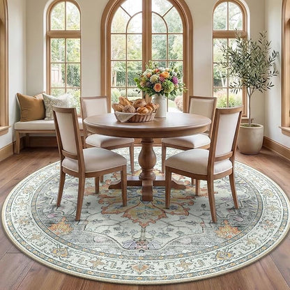 Area Rugs 7ft Washable Non-Slip, Floral Vintage Distress Print Pattern Medallion Carpet for Living Room Bedroom Dining Room, Light Yellow Carbon Grey Orange