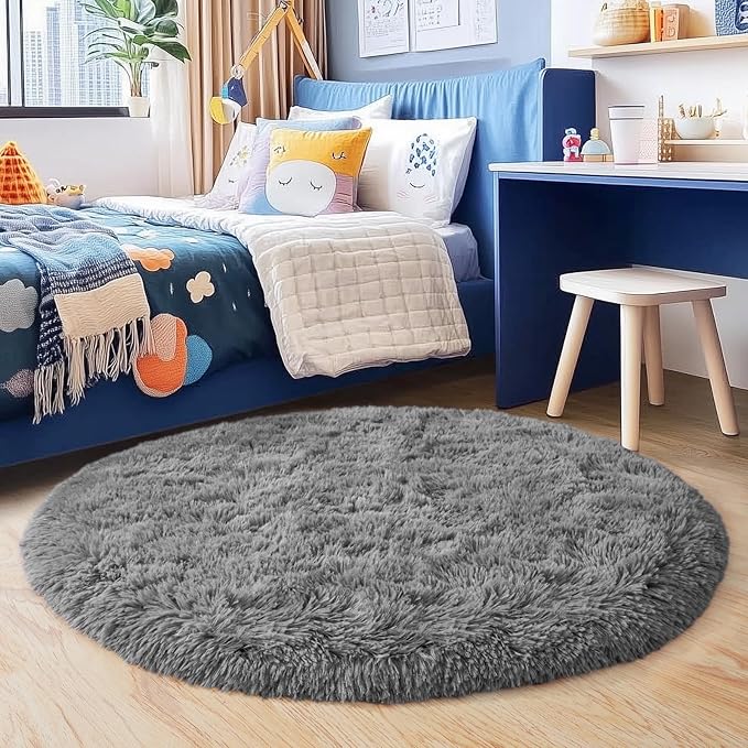 4'x4' Grey Round Rug for Bedroom, Ultra Soft Fluffy Circle Rug for Kids Girls Boys Room, Cute Shag Rugs for Living Room Playroom Teen Room Home Decor Rug