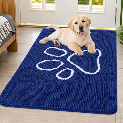 Smiry Dog Door Mat for Muddy Paws, Absorbent Dirt Trapper Non Slip Quick Dry Washable Chenille Mat for Mud Dogs, Entry Rug for Indoor and Outdoor (40x32 Inches, Navy Blue and White)