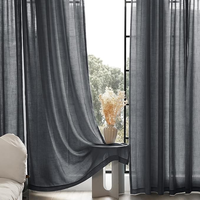 Dark Gray Curtains for Living Room Back Tab Modern Farmhouse Semi Sheer Gray Curtains 120 inches Long 2 Panels Set Muted Neutral Window Curtain for Dining Room Bedroom 52x120