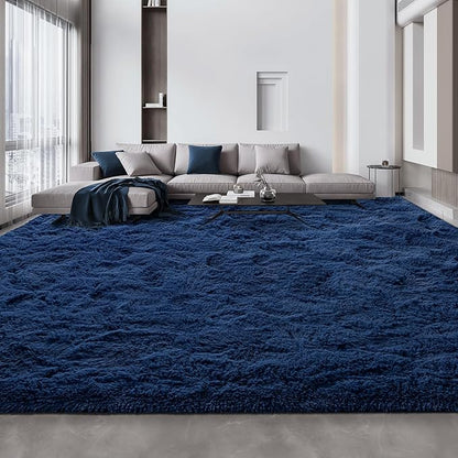 Deerhoo Large Shag Area Rugs 10 x 14, Plush Fuzzy Rugs for Living Room, Ultra Soft Fluffy Furry Rug for Bedroom, Anti-Skid Indoor Solid Carpet Nursery Rugs for Kids Room Home Decor, Navy Blue