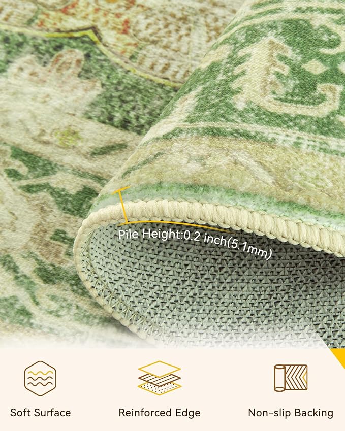 RELEANY Area Rugs 5ft Washable Non-Slip, Floral Vintage Distress Print Pattern Medallion Carpet for Living Room Bedroom Dining Room, Sage Green Yellow